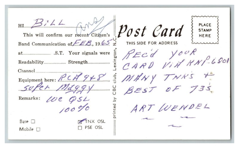 Postcard QSL Radio Card From St. Marys Pennsylvania KLQ-1171 