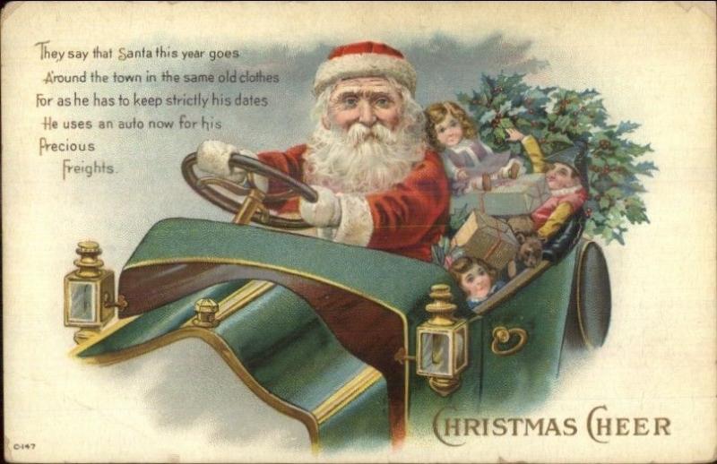 Christmas Santa Claus Driving Green Car C-147 c1915 Postcard