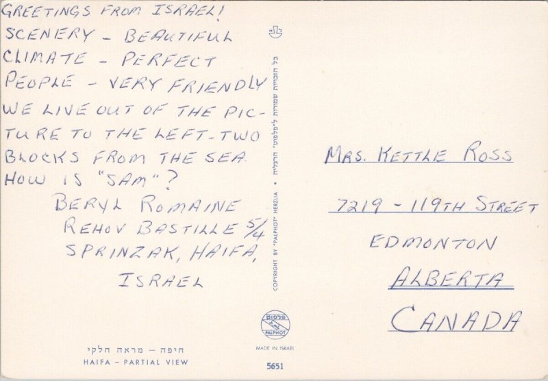 Haifa Israel view from Mt Carmel Continental Postcard C10