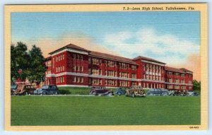 TALLAHASSEE, Florida FL ~ LEON HIGH SCHOOL ca 1930s Cars Linen Postcard