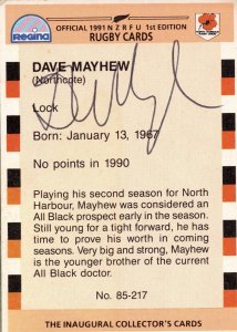 Dave Mayhew North Harbour 1991 Hand Signed Rugby Card Photo