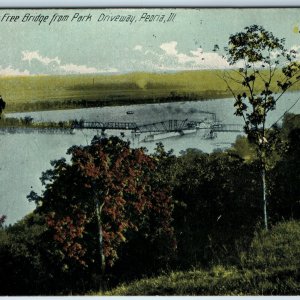 c1910s Peoria IL Upper Free Bridge from Park Driveway Steamship Swing Pivot A219