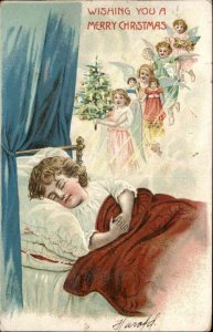 Angels Wish Sleeping Little Girl Merry Christmas c1910 Vintage Postcard