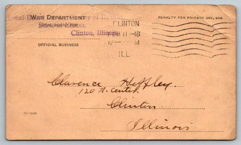 1918 WW1  Clinton  Illinois  Draft Approval Class I   Postcard
