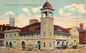 CENTRAL FIRE & POLICE STATION BURLINGTON IOWA POSTCARD (c. 1910)