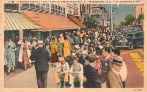 Vintage Postcard 1938 Winterstein Famous Green Benches St. Petersburg Florida FL