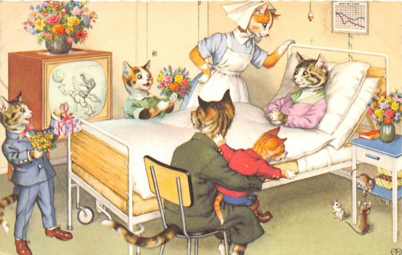 F60/ Alfred Mainzer Dressed Cats Postcard c1940s Hospital Bed Mice 21