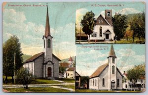 K48/ Roscoe New York Postcard c1910 3View Church Buildings M.E. Pres. 458