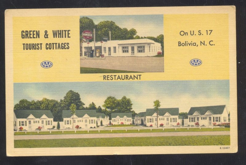 BOLIVIA NORTH CAROLINA GREEN & WHITE RESTAURANT GAS STATION ADV. POSTCARD