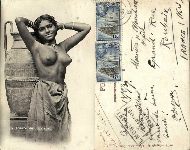 ceylon, Native Nude Rodiya Woman with Large Vase Pottery (1939) RPPC Postcard