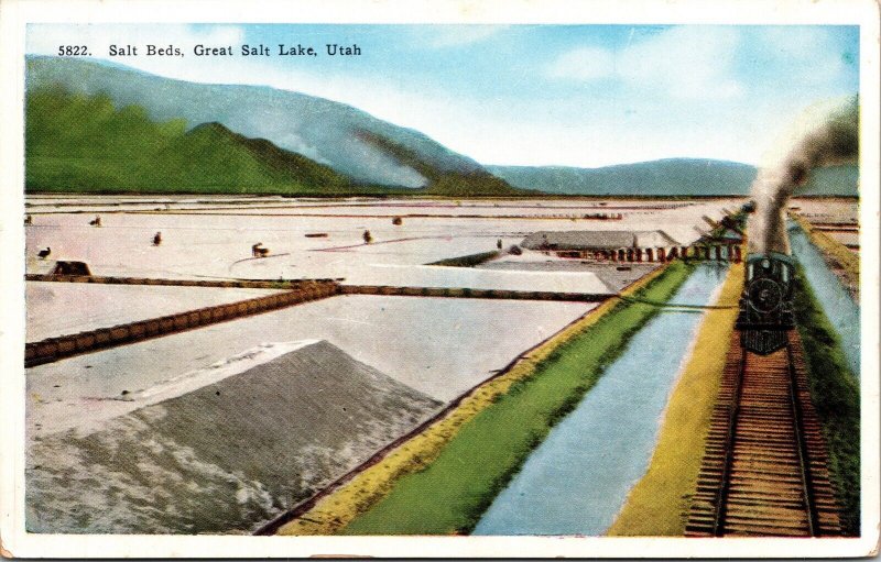 Salt Beds Aerial View Great Salt Lake Utah Railroad Train Scenic WB Postcard 