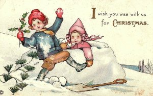 C.1910 Children playing in the Snow Christmas Victorian Postcard F36