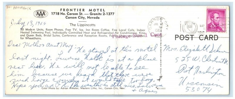 1966 Frontier Motel Roadside Cars Carson City Nevada NV Panoramic Postcard 