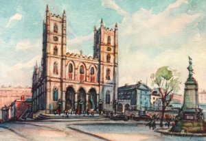 CONTINENTAL SIZE POSTCARD ARTIST RENDITION OF NOTRE DAME CHURCH MONTREAL QUEBEC