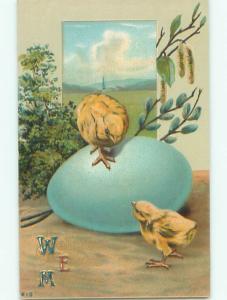 Unused Pre-Linen easter CHICK BALANCING ON BLUE EGG k2122