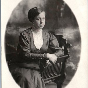 1910s Nice Young Lady Sitting Portrait RPPC Freckle High Collar Blouse Lace A192