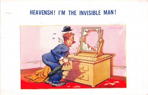 Heavensh I'm  Invisible Man 1940 Comic Postcard Drunk Broken Mirror