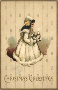 Christmas Little Girl White Fur Coat Children's Fashion c1910 Postcard