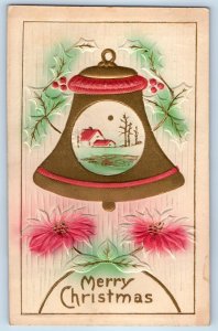 Christmas Big Bell Berries Poinsettia Flowers Airbrushed Clontarf MN Postcard