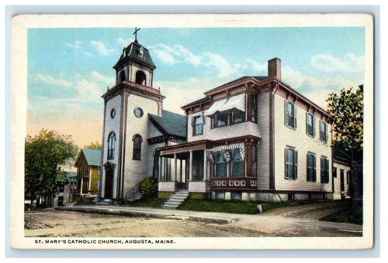 c1920's St. Mary's Catholic Church Street View Augusta Maine ME Antique Postcard