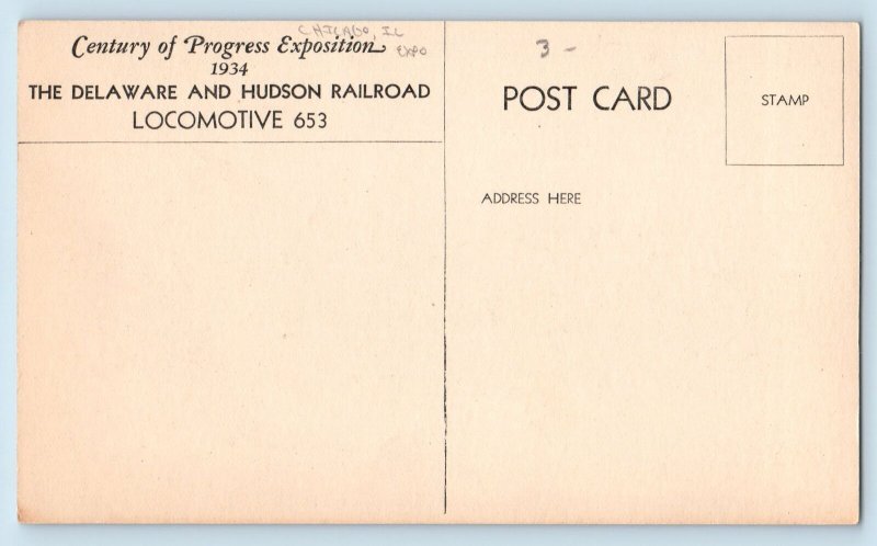 c1933 Delaware Hudson Railroad Train Century Progress Chicago Illinois Postcard