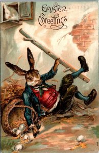 1908 Artist Postcard Easter Bunny Falls When Taking Eggs From Chicken Coop