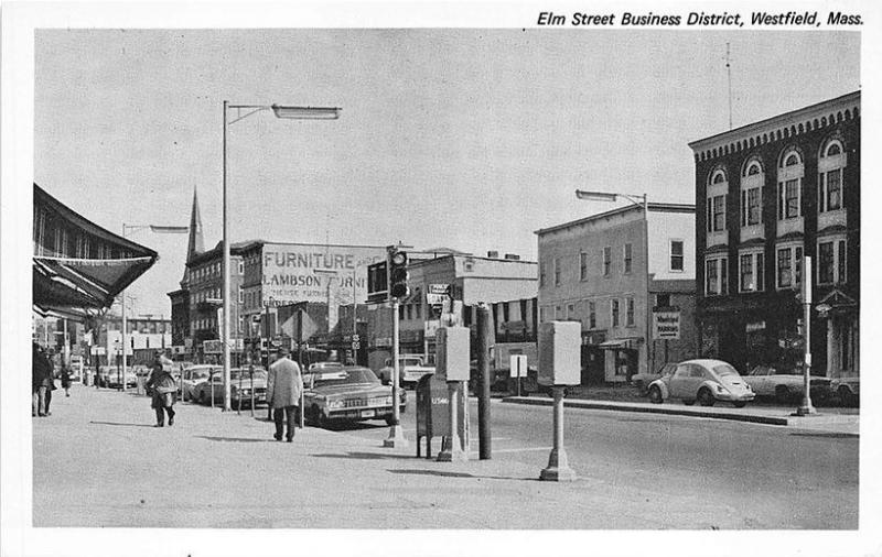 Westfield MA Elm Street Storefronts Old Cars B/W Postcard