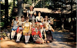 Girls Holding Steins, Little Swiss Village Minocqua WI Vintage Postcard Q64