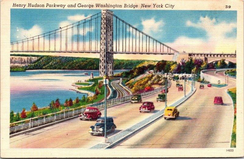 Hendry Hudson Parkway & George Washington Bridge New York City Linen Postcard 