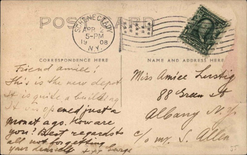 Schenectady NY RR Train Station Depot 1908 Real Photo Postcard