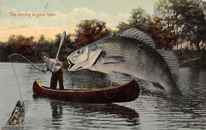 Man in a Boat With a Huge Fish on the Line Fishing Unused 