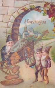 Fantasy Gnomes Money Coins Antique Vintage New Year Postcard Germany