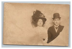 Vintage 1910's RPPC Postcard Photo of Couple in Fancy Hats