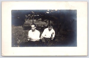 RPPC Pair of Younger Men Relax~Sit Cross-Legged @ Edge of Clearing~Smoking Pipes
