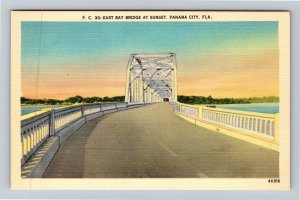 Panama City FL-Florida, East Bay Bridge At Sunset, Linen Postcard 