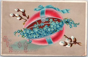 May Thine A Happy Easter Forget-Me-Nots Flowers Inside Pink Egg Postcard