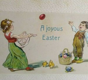 Easter Postcard Vintage Children Throwing Eggs Original Baby Chicks Wide Border