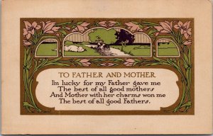 Vtg To Father & Mother Poem Verse Art Nouveua Style Greeting Gold Gilt Postcard