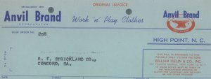 1955 Anvil Brand High Point N.C. Work 'n' Play Clothes Invoice Boys Pants 372 