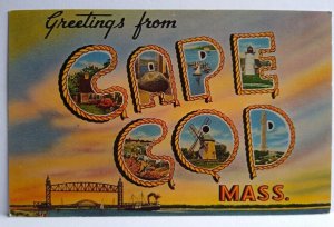 Greetings From Cape Cod Massachusetts Large Big Letter Chrome Postcard Windmill