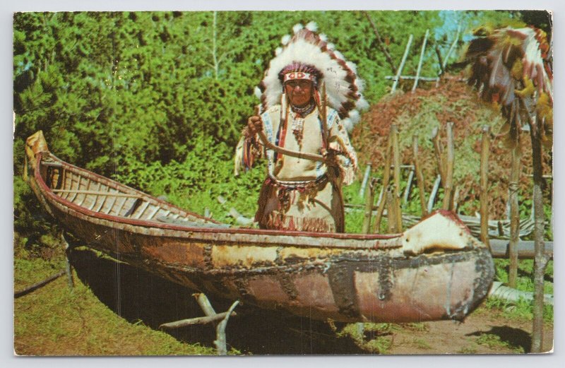 Chippewa Indian Chief~Building A Birch Bark Canoe~Full Headdress~Forest~PM 1961 