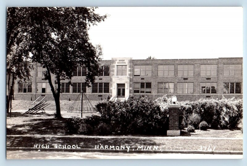 Harmony Minnesota MN Postcard RPPC Photo High School Building Playground c1940's