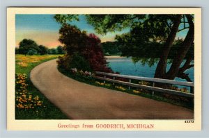 Goodrich MI-Michigan, Greetings Scenic Waterway Drive, Vintage Linen Postcard