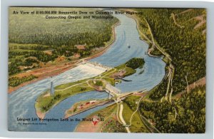 Aerial View, Bonneville Dam Lock, Columbia River, Linen Oregon c1948 Postcard