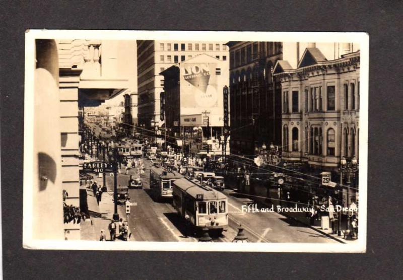 CA Fifth Broadway St,Trolley Cars,San Diego,California Postcard RPPC, Real Photo
