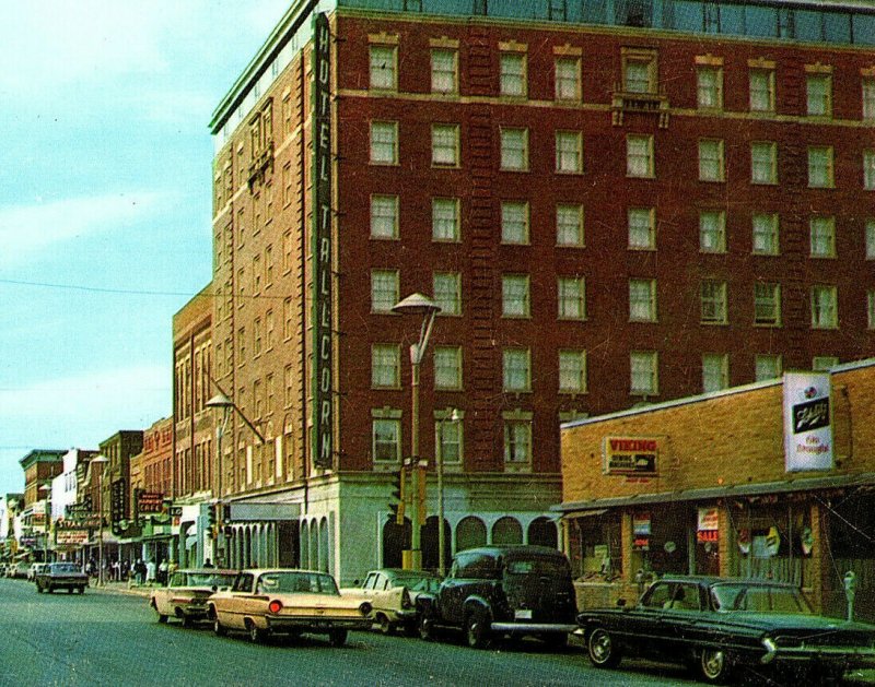 1960's Marshalltown Iowa Hotel Tallcorn Main Street Old Cars Signs Storefronts