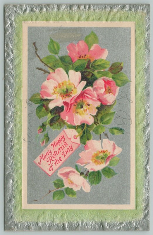 Flowers Greetings~Blushing Pink Wild Roses~Silver Border~c1910 Postcard