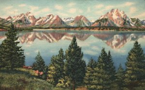 Vintage Postcard 1947 Teton Peaks Reflected Jackson Lake National Park Wyoming