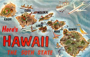 Postcard 1950s Hawaii Map attractions loveliest Chain Island Pacific 24-5381