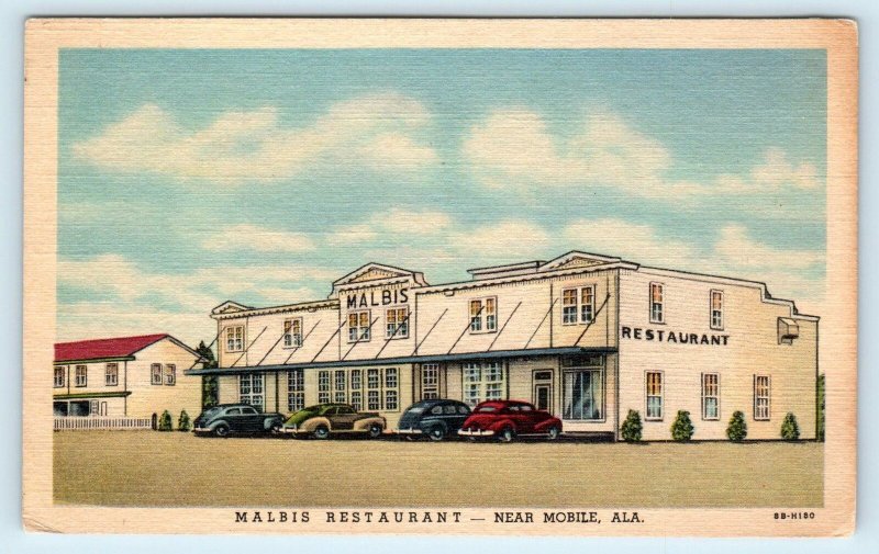 MOBILE, AL Alabama ~ MALBIS RESTAURANT  c1940s Cars Roadside Linen  Postcard